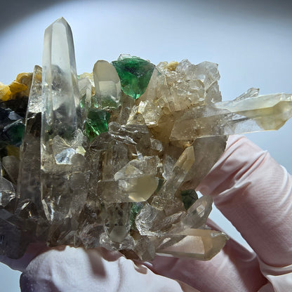 Phantom Fluorit, Hyalit Opal, Rauchquarz, Muskovit Erongo, Namibia 74*43*29mm #13187