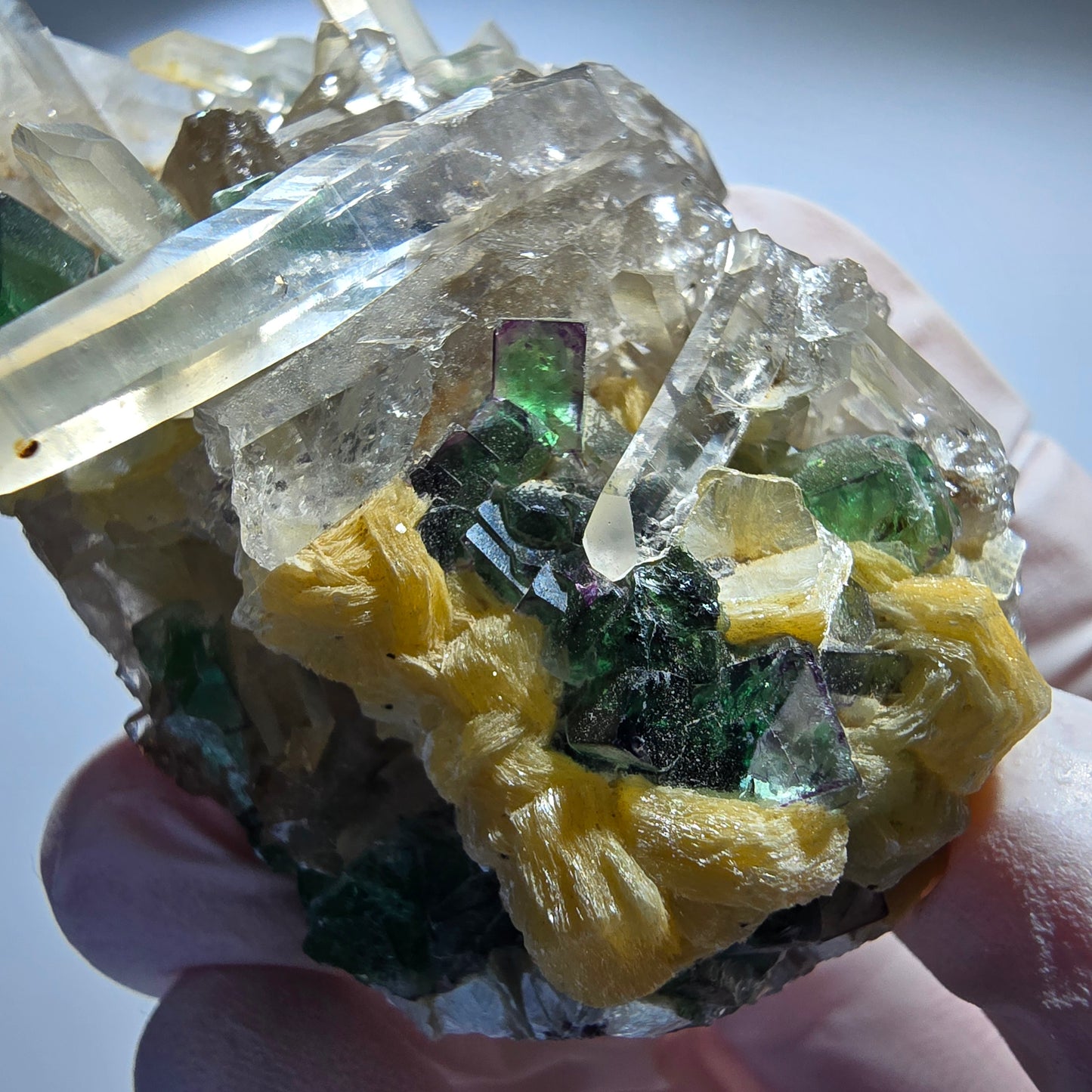 Phantom Fluorit, Hyalit Opal, Rauchquarz, Muskovit Erongo, Namibia 74*43*29mm #13187