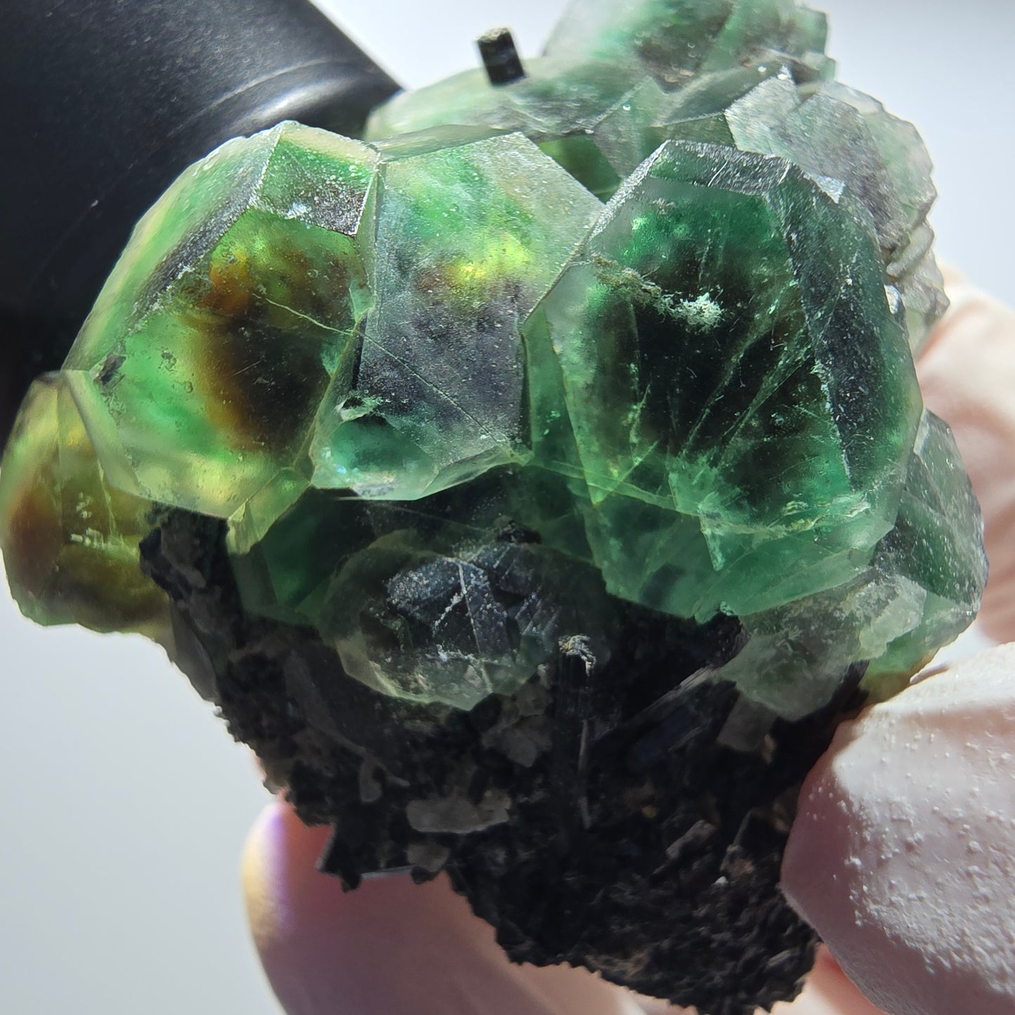 Phantom Fluorit, hexagonal, Hyalit Opal, Rauchquarz Stufe Erongo, Namibia 55*40*37mm #13189