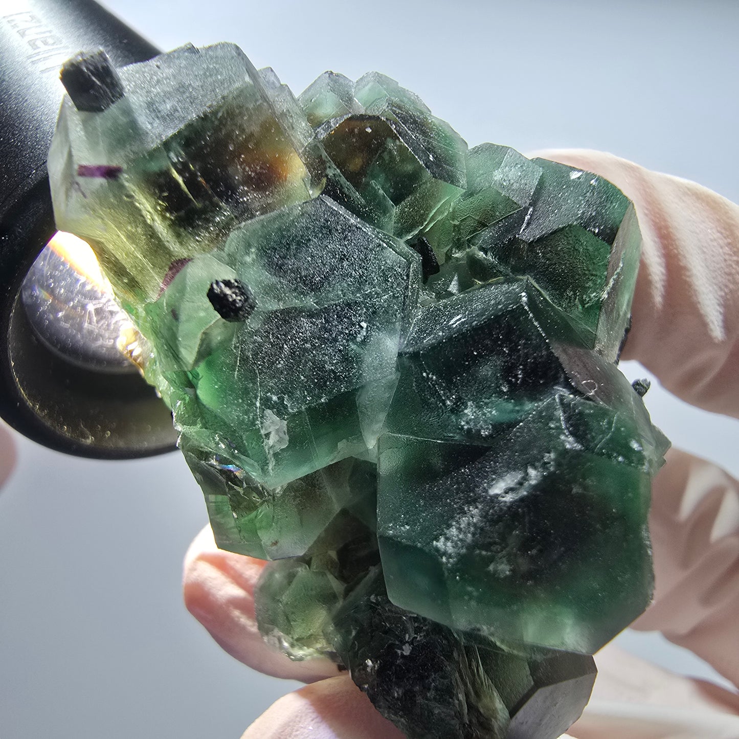 Phantom Fluorit, hexagonal, Hyalit Opal, Rauchquarz Stufe Erongo, Namibia 55*40*37mm #13189