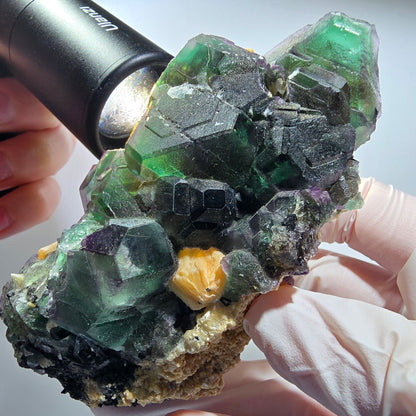 Phantom Fluorit, hexagonal, Hyalit, Schörl Turmalin, Muskovit Erongo, Namibia 103*41*46mm #13192
