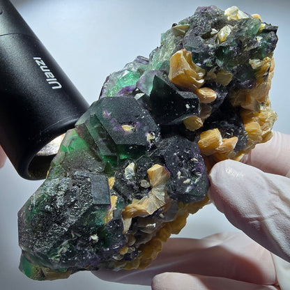 Phantom Fluorit, hexagonal, Hyalit, Schörl Turmalin, Muskovit Erongo, Namibia 103*41*46mm #13192