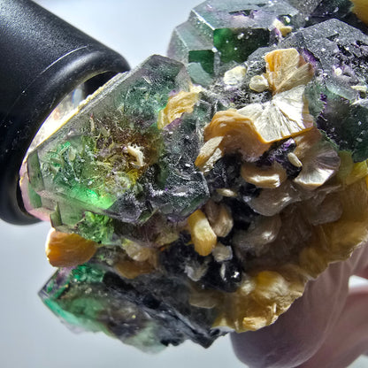 Phantom Fluorit, hexagonal, Hyalit, Schörl Turmalin, Muskovit Erongo, Namibia 103*41*46mm #13192
