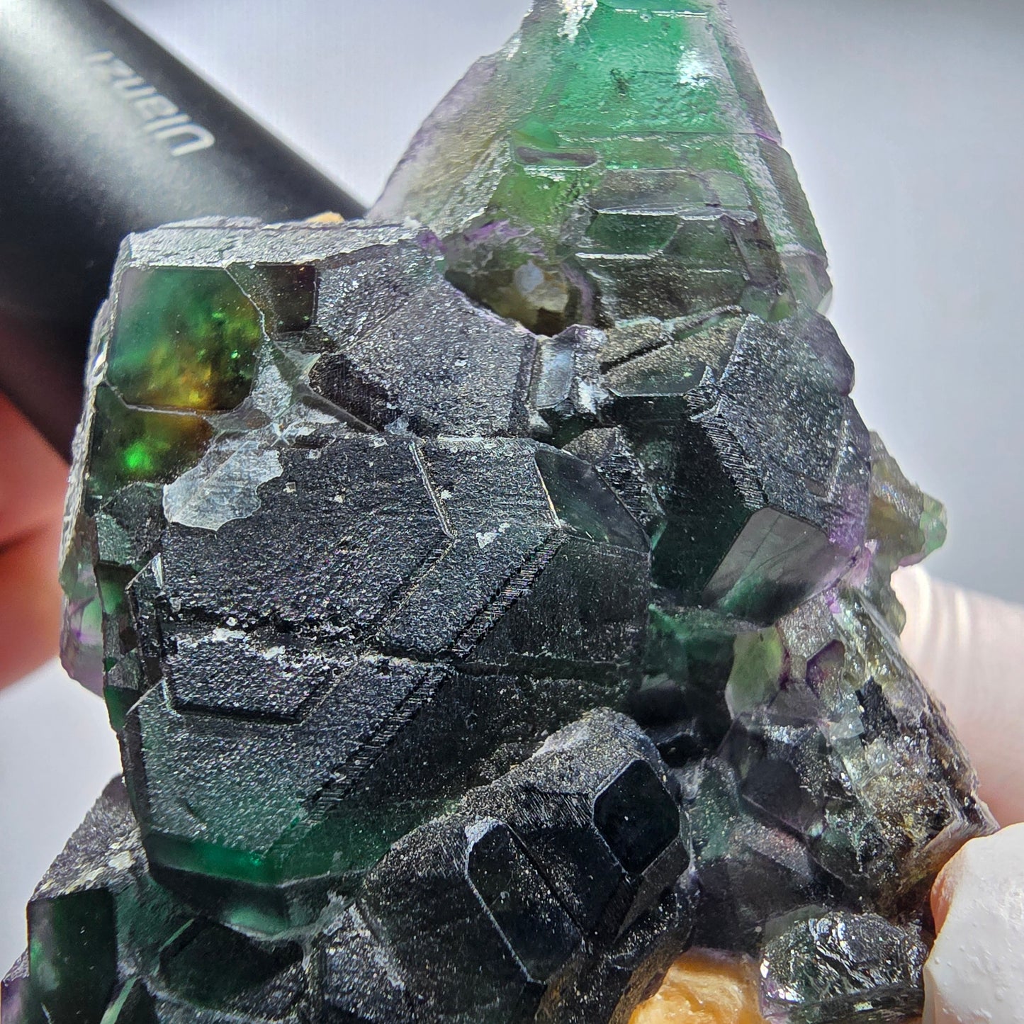 Phantom Fluorit, hexagonal, Hyalit, Schörl Turmalin, Muskovit Erongo, Namibia 103*41*46mm #13192