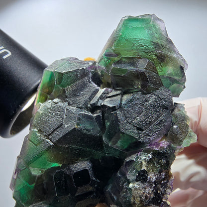 Phantom Fluorit, hexagonal, Hyalit, Schörl Turmalin, Muskovit Erongo, Namibia 103*41*46mm #13192