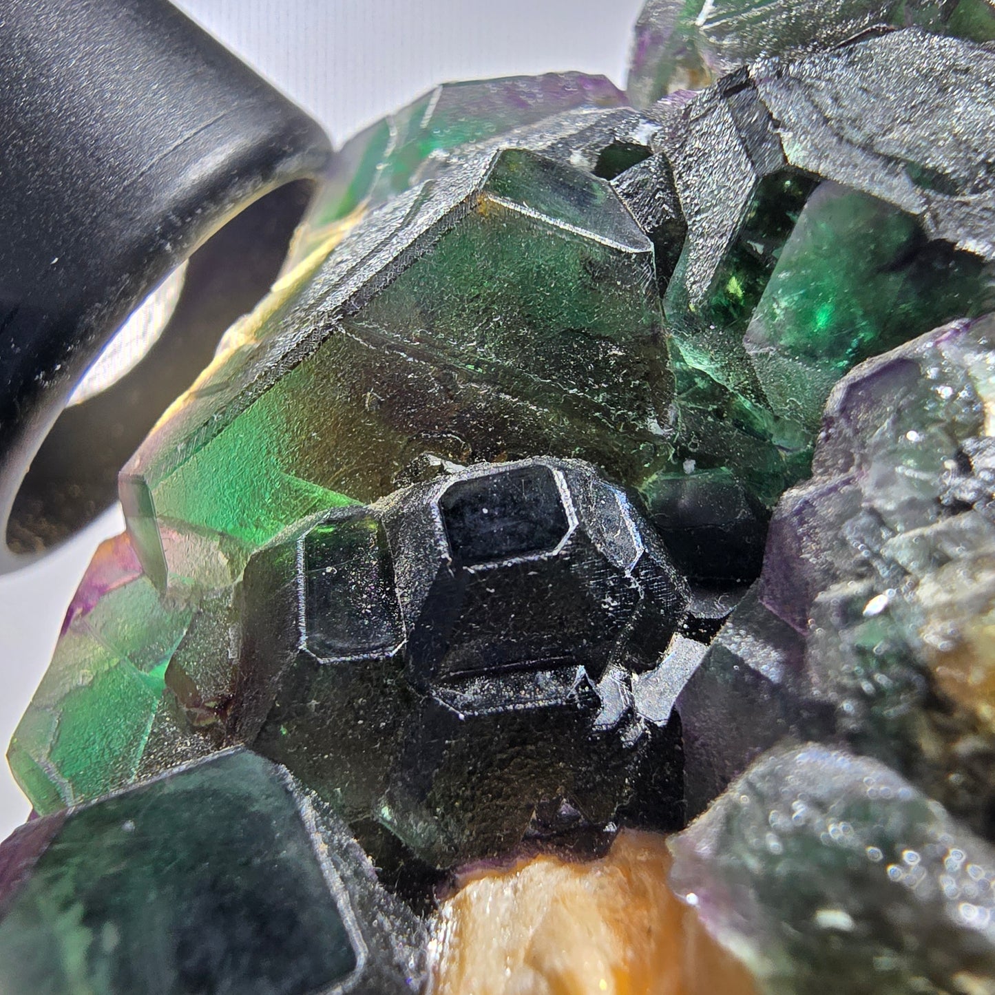 Phantom Fluorit, hexagonal, Hyalit, Schörl Turmalin, Muskovit Erongo, Namibia 103*41*46mm #13192