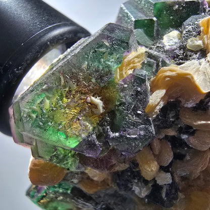 Phantom Fluorit, hexagonal, Hyalit, Schörl Turmalin, Muskovit Erongo, Namibia 103*41*46mm #13192