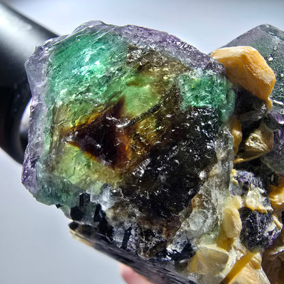 Phantom Fluorit, hexagonal, Hyalit, Schörl Turmalin, Muskovit Erongo, Namibia 103*41*46mm #13192