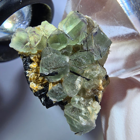 Phantom Fluorit Würfel, Muskovit auf Schörl Turmalin Erongo, Namibia 28*22*19mm #13222