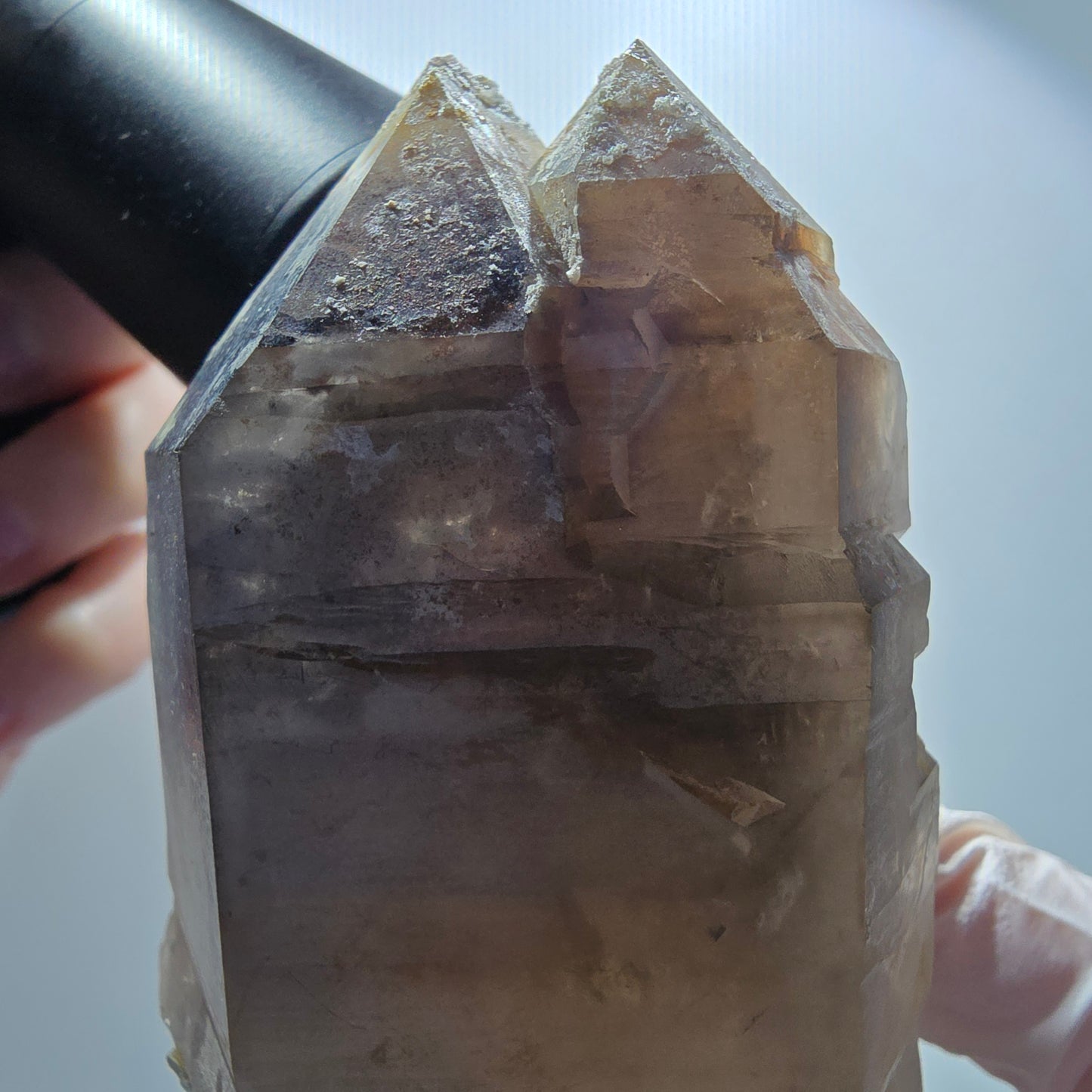 Große Skelett Rauchquarz Zepter mit Hyalit, Schörl Turmalin Erongo, Namibia 94*49*43mm #13291