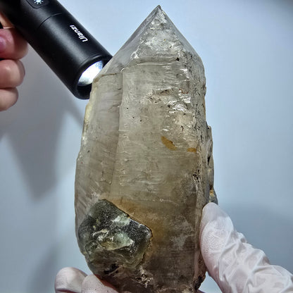 Große Skelett Rauchquarz, Fluorit, Hyalit, Schörl Turmalin Erongo, Namibia 138*71*75mm #13308