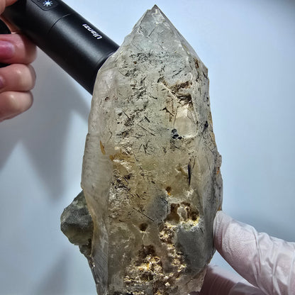 Große Skelett Rauchquarz, Fluorit, Hyalit, Schörl Turmalin Erongo, Namibia 138*71*75mm #13308