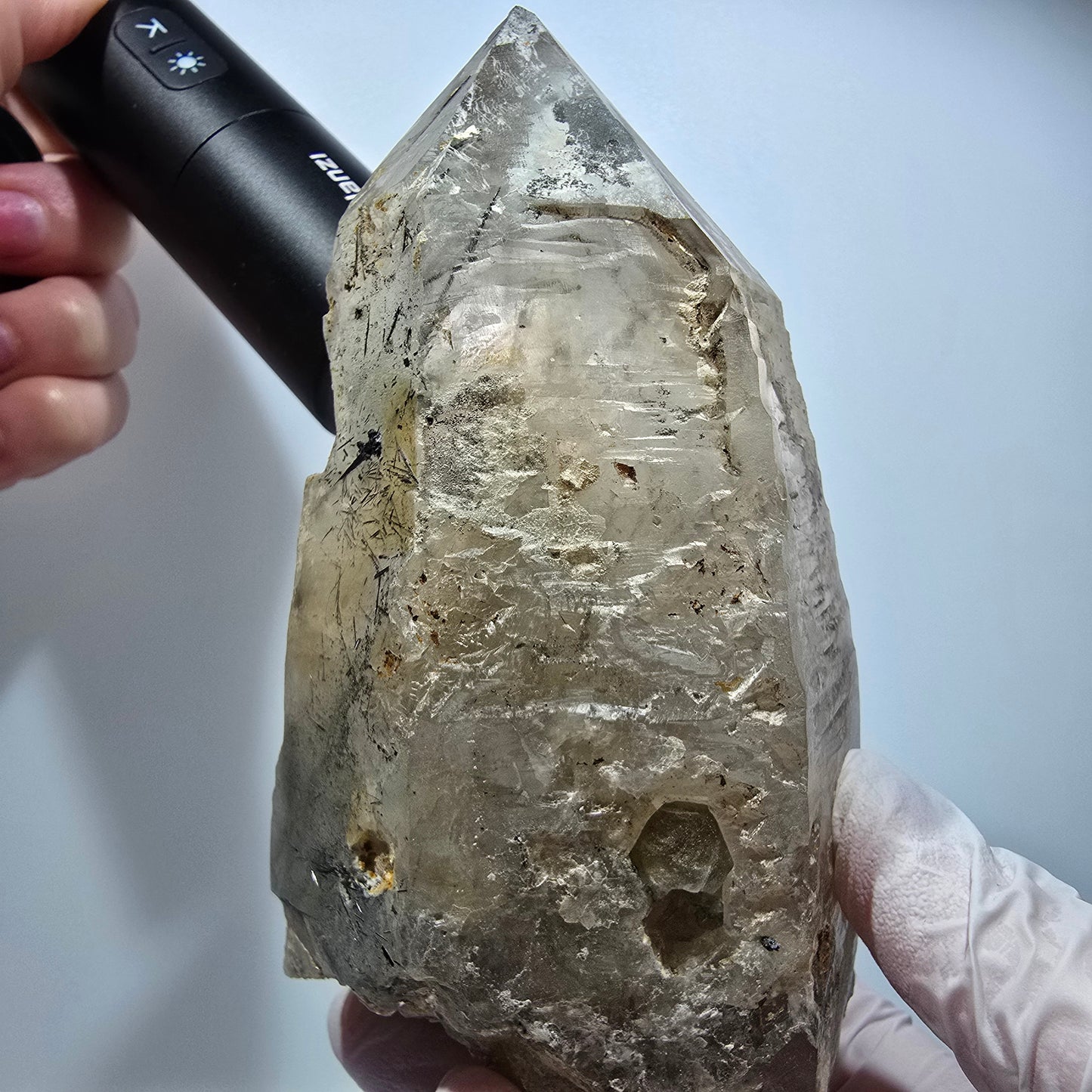 Große Skelett Rauchquarz, Fluorit, Hyalit, Schörl Turmalin Erongo, Namibia 138*71*75mm #13308