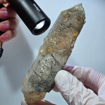 Skelett Rauchquarz mit Hyalit, Schörl Turmalin Erongo, Namibia 108*29*26mm #13309