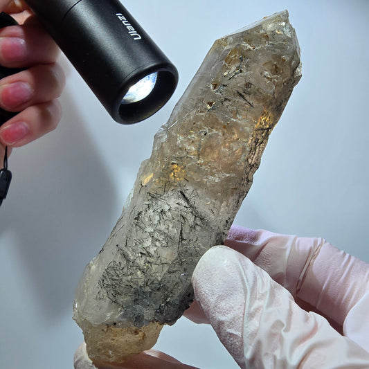 Skelett Rauchquarz mit Hyalit, Schörl Turmalin Erongo, Namibia 108*29*26mm #13309