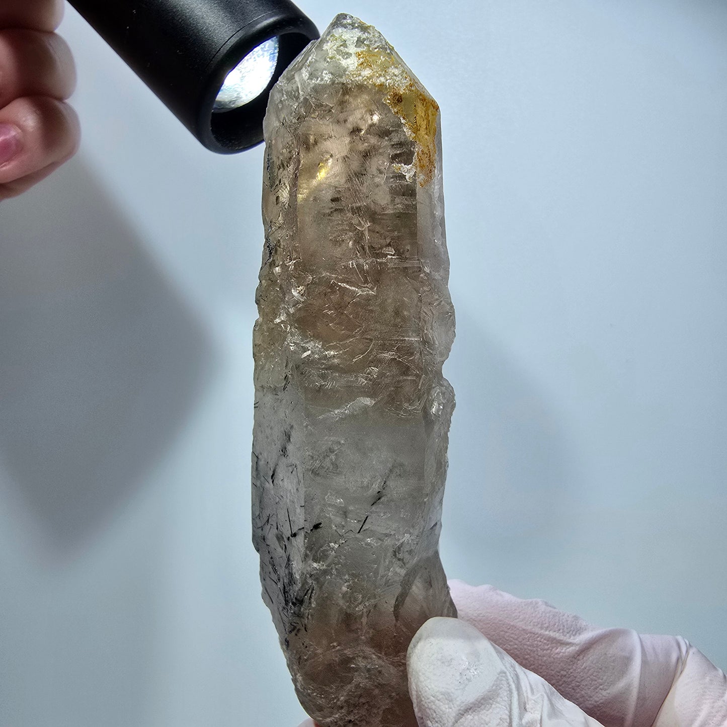 Skelett Rauchquarz mit Hyalit, Schörl Turmalin Erongo, Namibia 108*29*26mm #13309