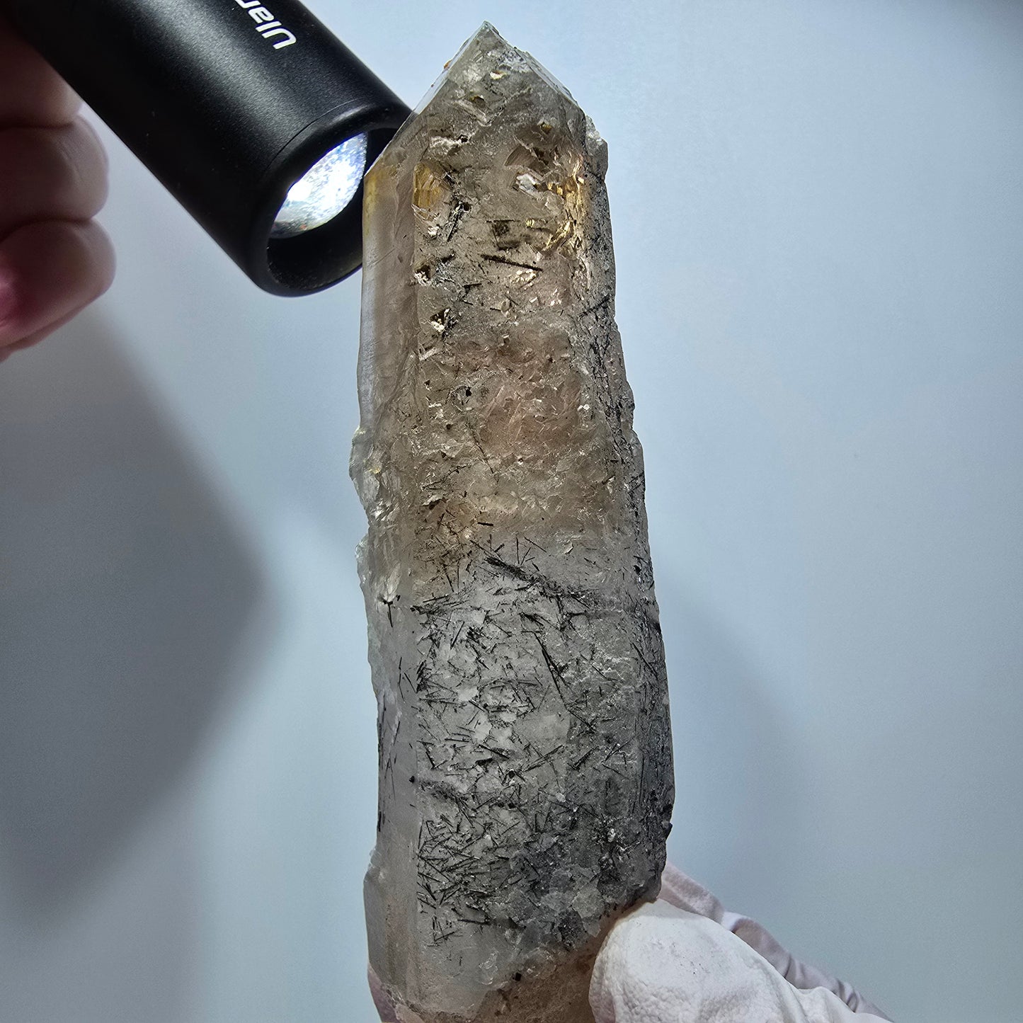 Skelett Rauchquarz mit Hyalit, Schörl Turmalin Erongo, Namibia 108*29*26mm #13309