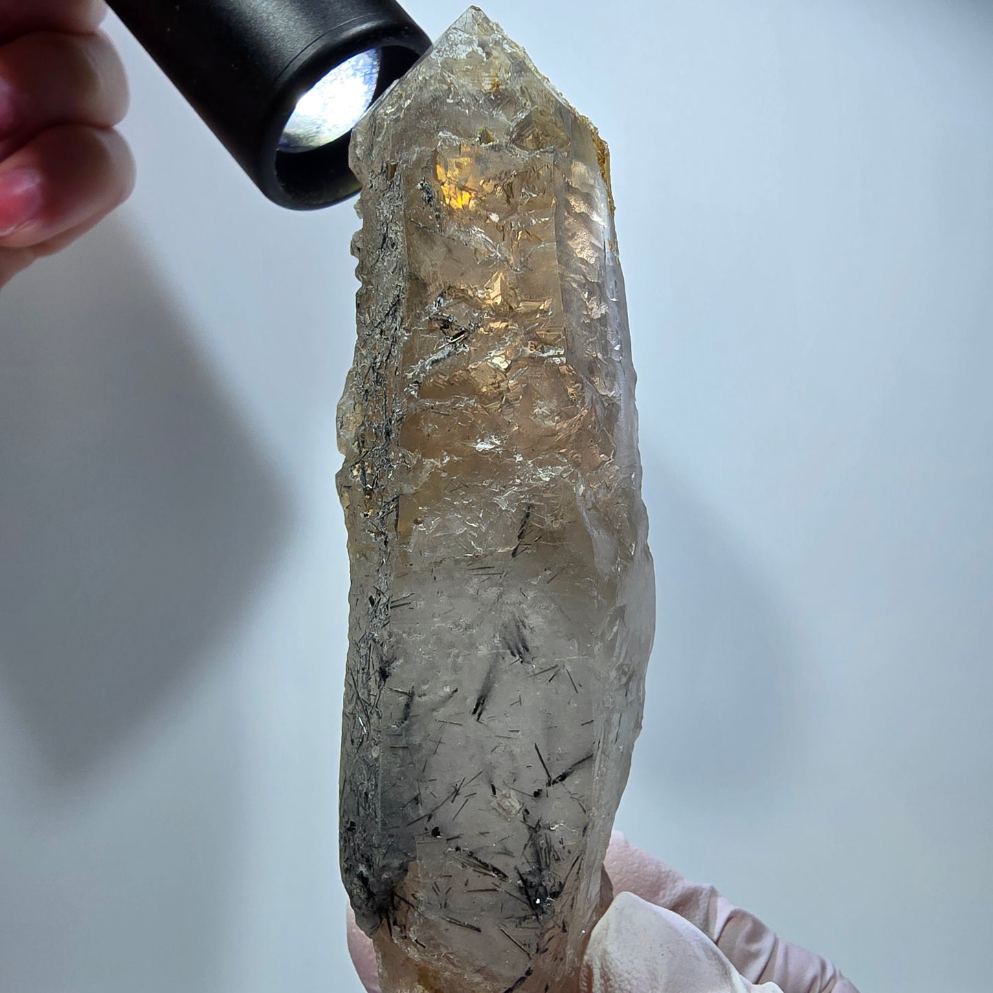 Skelett Rauchquarz mit Hyalit, Schörl Turmalin Erongo, Namibia 108*29*26mm #13309