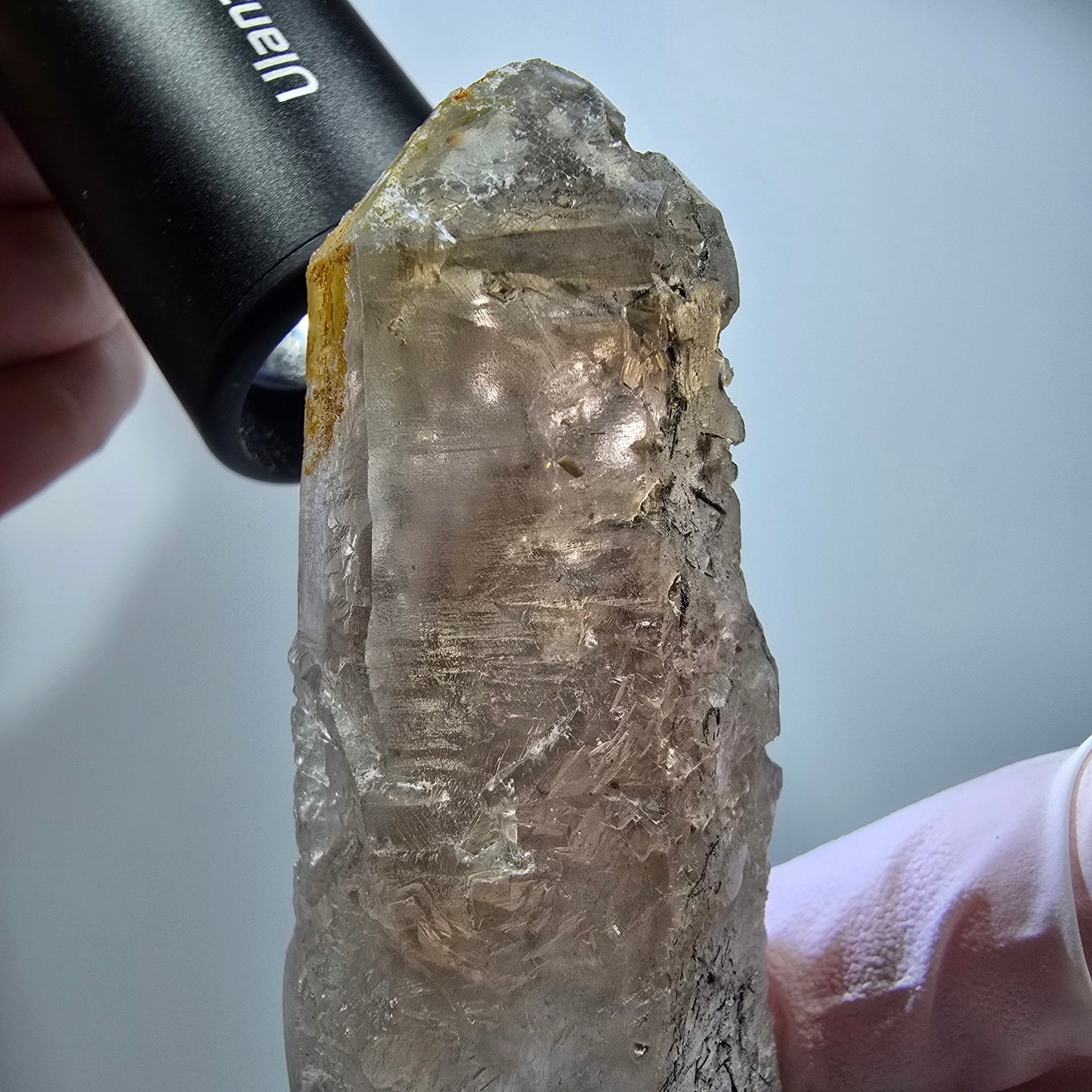 Skelett Rauchquarz mit Hyalit, Schörl Turmalin Erongo, Namibia 108*29*26mm #13309
