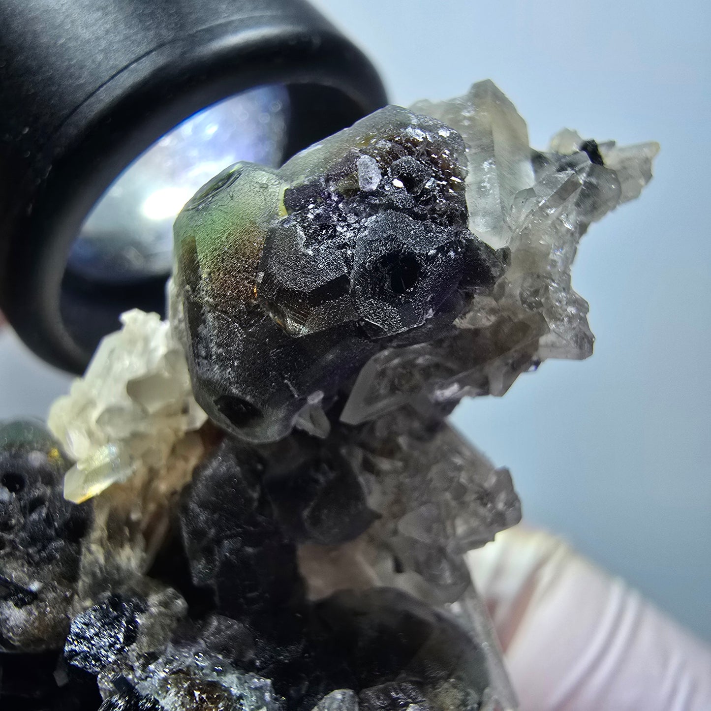 Phantom Fluorit, hexagonal, Hyalit Opal, Rauchquarz Stufe Erongo Namibia 58*49*29mm #13325