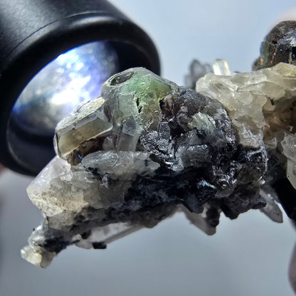 Phantom Fluorit, hexagonal, Hyalit Opal, Rauchquarz Stufe Erongo Namibia 58*49*29mm #13325