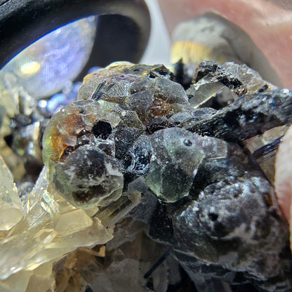 Phantom Fluorit, hexagonal, Hyalit Opal, Rauchquarz Stufe Erongo Namibia 58*49*29mm #13325