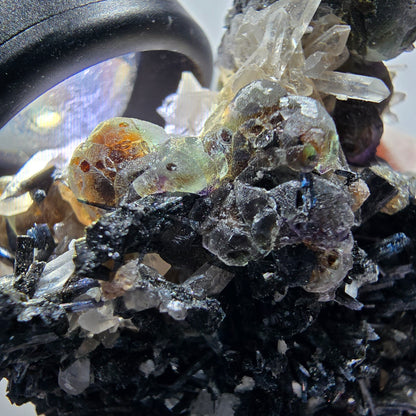 Phantom Fluorit, hexagonal, Hyalit Opal, Rauchquarz Stufe Erongo Namibia 58*49*29mm #13325
