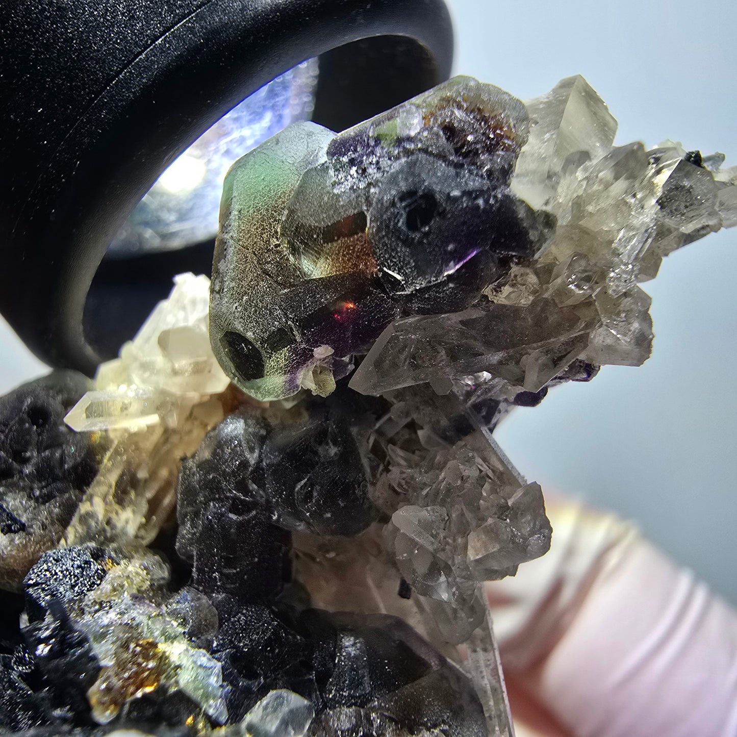 Phantom Fluorit, hexagonal, Hyalit Opal, Rauchquarz Stufe Erongo Namibia 58*49*29mm #13325