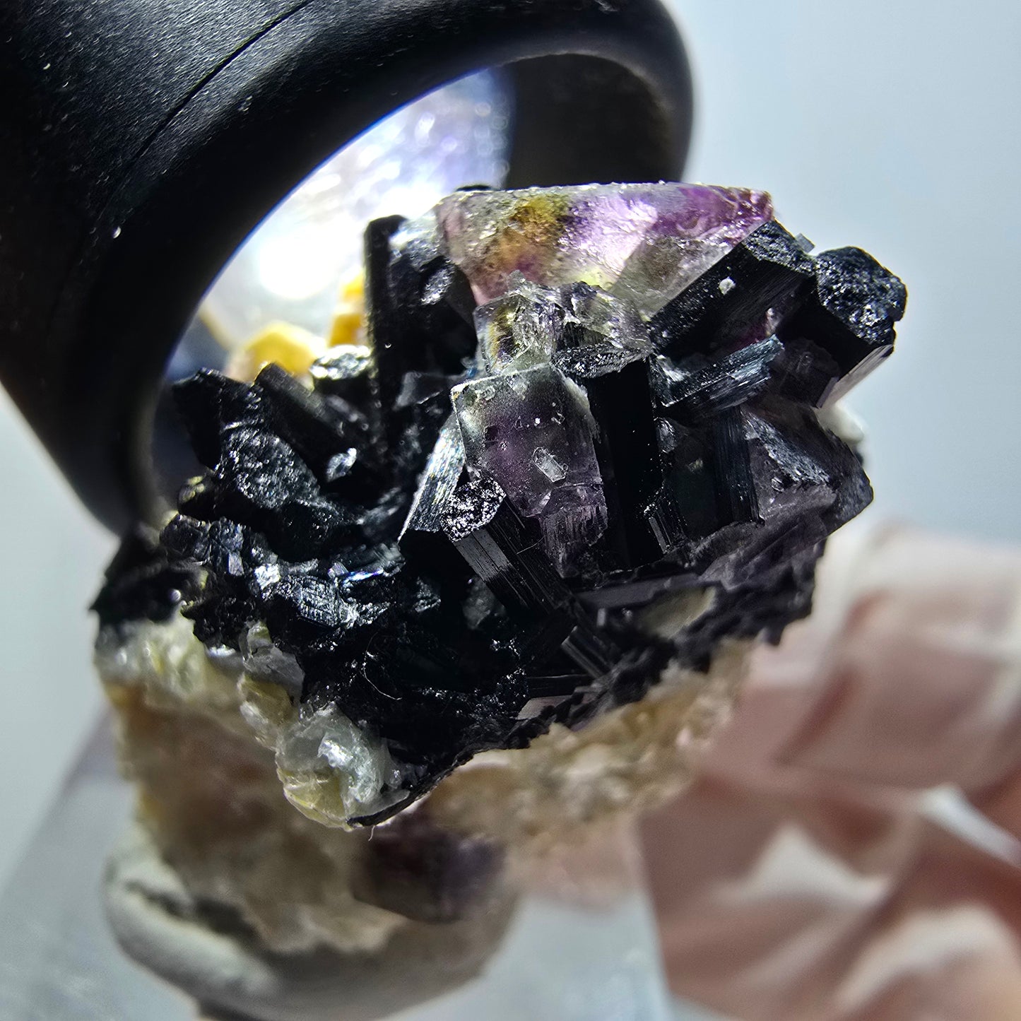 Bunte Phantom Fluorit, Schörl Turmalin, Hyalit Opal, Muskovit Erongo Namibia 38*29*21mm #13332