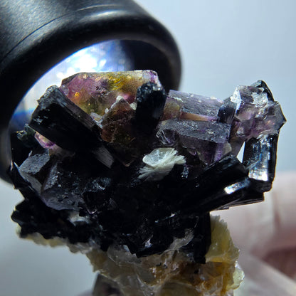 Bunte Phantom Fluorit, Schörl Turmalin, Hyalit Opal, Muskovit Erongo Namibia 38*29*21mm #13332