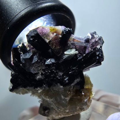 Bunte Phantom Fluorit, Schörl Turmalin, Hyalit Opal, Muskovit Erongo Namibia 38*29*21mm #13332