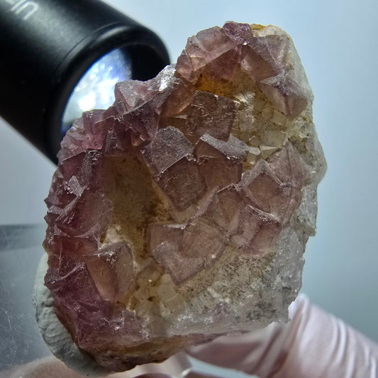 Seltene Phantom Fluorit Würfel auf Quarz Stufe, lila gelb Omehane, Namibia 44*30*19mm #13339