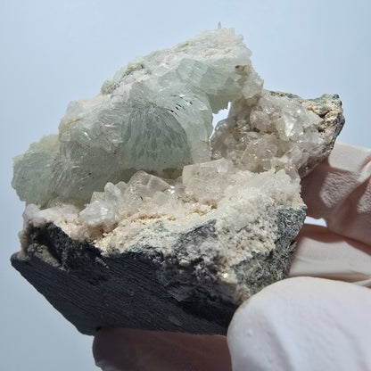 Prehnit Kugel, Calcit Würfel, Quarz auf Matrix Goboboseb, Namibia 72*39*35mm #13361