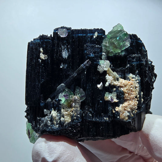 Phantom Fluorit Würfel, Schörl Turmalin, Hyalit Opal, Muskovit Erongo, Namibia 67*50*46mm #13363