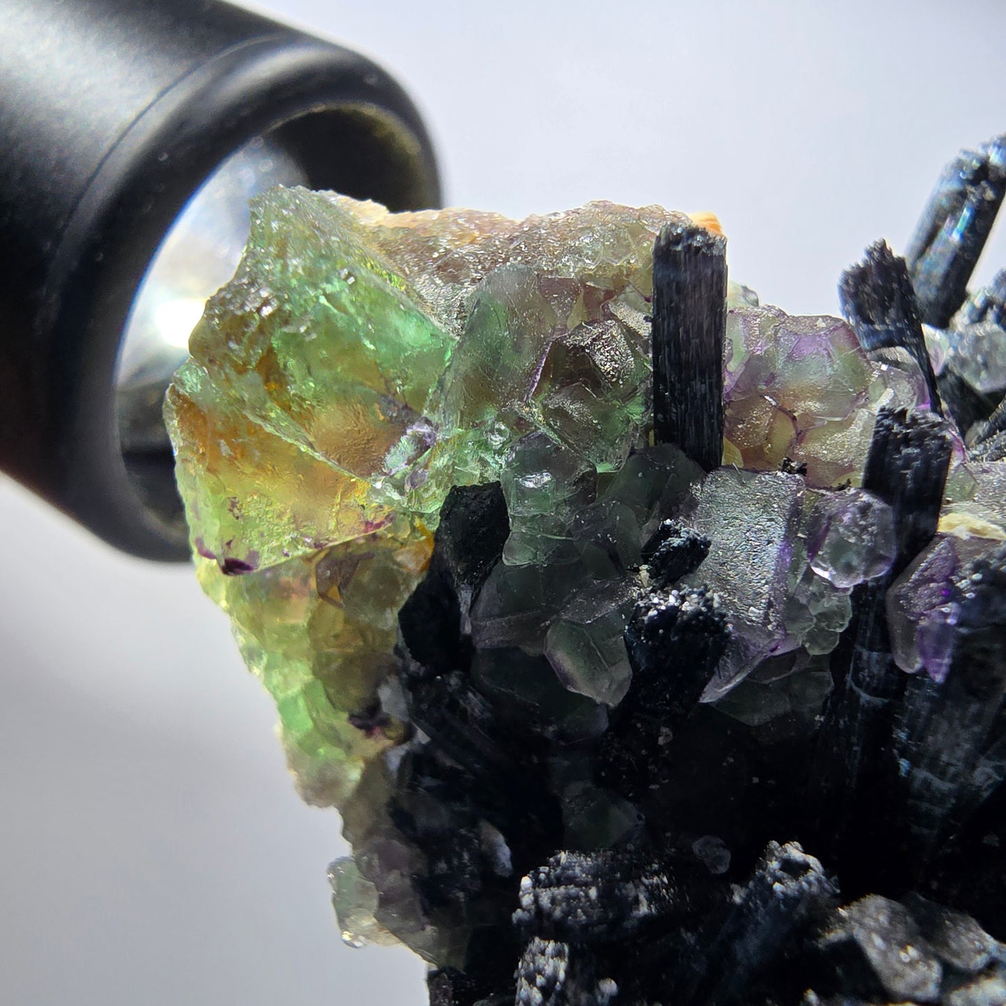 Phantom Fluorit Würfel, Schörl Turmalin, Hyalit Opal, Muskovit Erongo, Namibia 67*50*46mm #13363