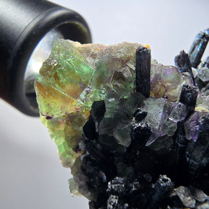 Phantom Fluorit Würfel, Schörl Turmalin, Hyalit Opal, Muskovit Erongo, Namibia 67*50*46mm #13363