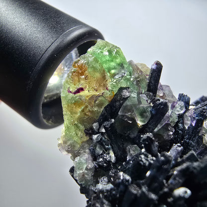 Phantom Fluorit Würfel, Schörl Turmalin, Hyalit Opal, Muskovit Erongo, Namibia 67*50*46mm #13363