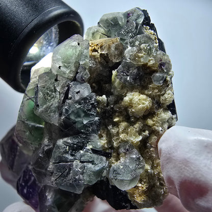 Phantom Fluorit, zonal, Schörl Turmalin, Muskovit Stufe Erongo, Namibia 72*48*36mm #13364