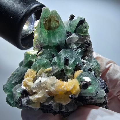 Phantom Fluorit, Rauchquarz, Schörl Turmalin, Hyalit, Muskovit Erongo, Namibia 68*55*51mm #13368