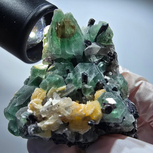 Phantom Fluorit, Rauchquarz, Schörl Turmalin, Hyalit, Muskovit Erongo, Namibia 68*55*51mm #13368