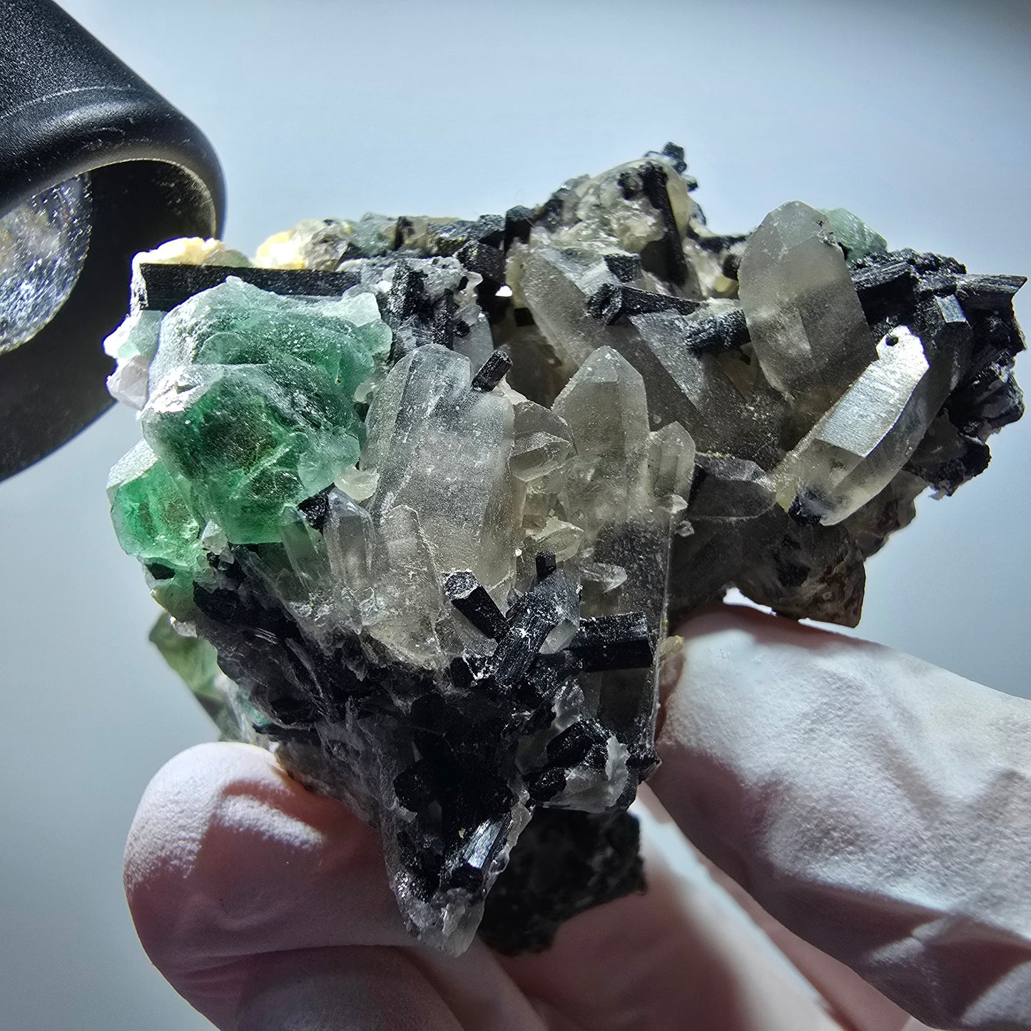Phantom Fluorit, Rauchquarz, Schörl Turmalin, Hyalit, Muskovit Erongo, Namibia 68*55*51mm #13368