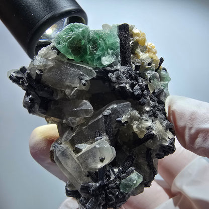 Phantom Fluorit, Rauchquarz, Schörl Turmalin, Hyalit, Muskovit Erongo, Namibia 68*55*51mm #13368