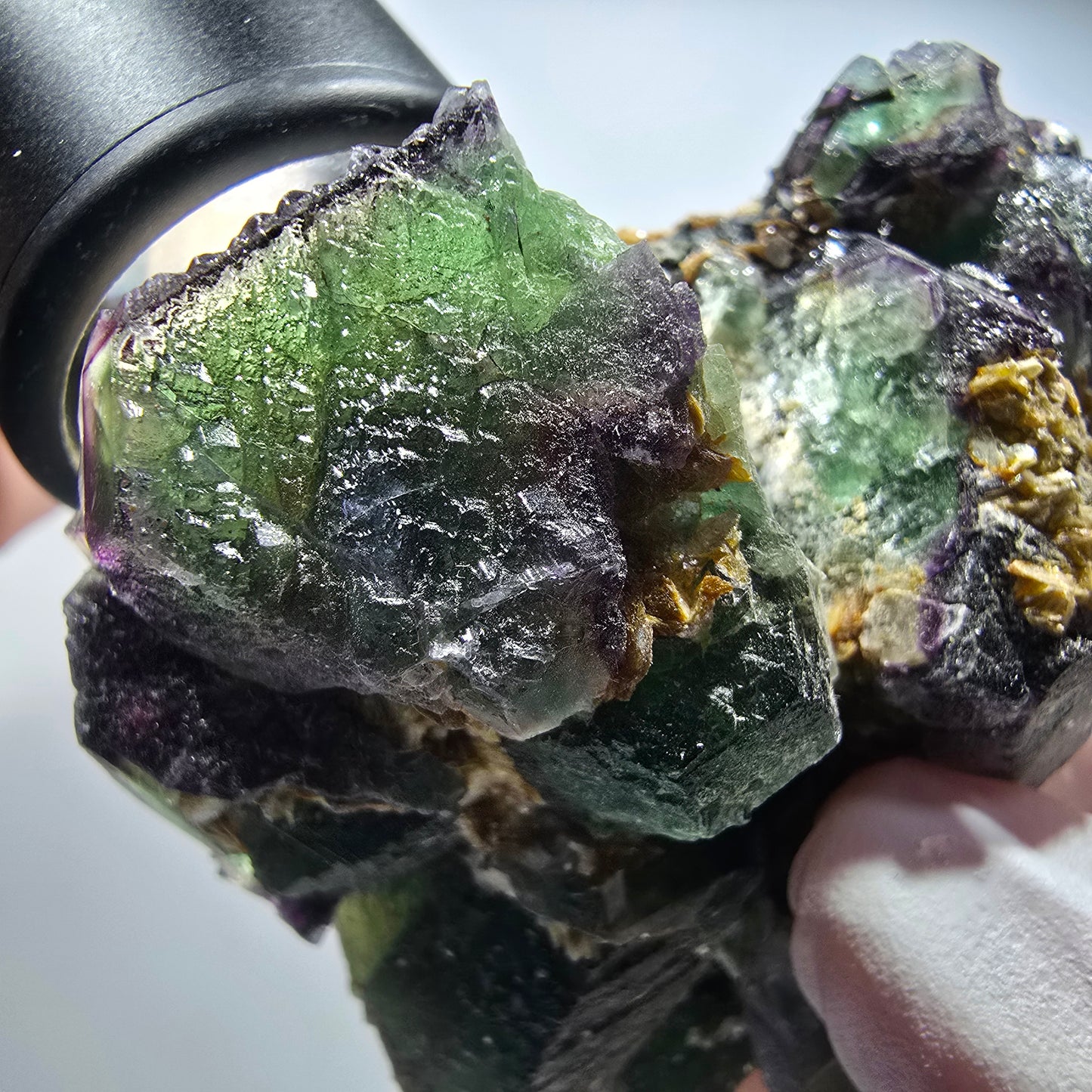 Phantom Fluorit Würfel, zonal, Schörl Turmalin, Muskovit Stufe Erongo, Namibia 62*55*31mm #13369