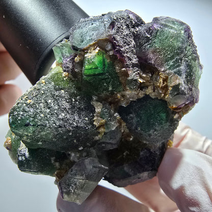 Phantom Fluorit Würfel, zonal, Schörl Turmalin, Muskovit Stufe Erongo, Namibia 62*55*31mm #13369
