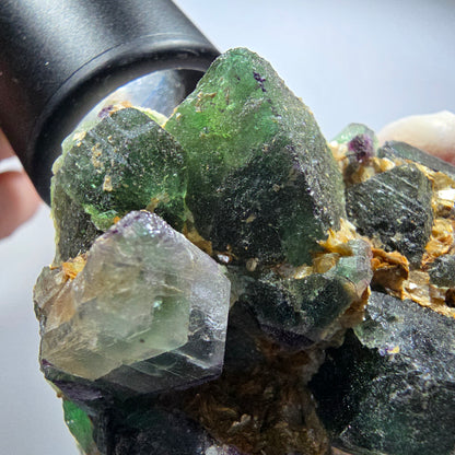 Phantom Fluorit Würfel, zonal, Schörl Turmalin, Muskovit Stufe Erongo, Namibia 62*55*31mm #13369