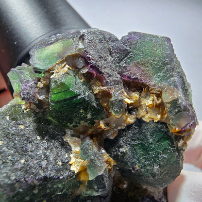 Phantom Fluorit Würfel, zonal, Schörl Turmalin, Muskovit Stufe Erongo, Namibia 62*55*31mm #13369