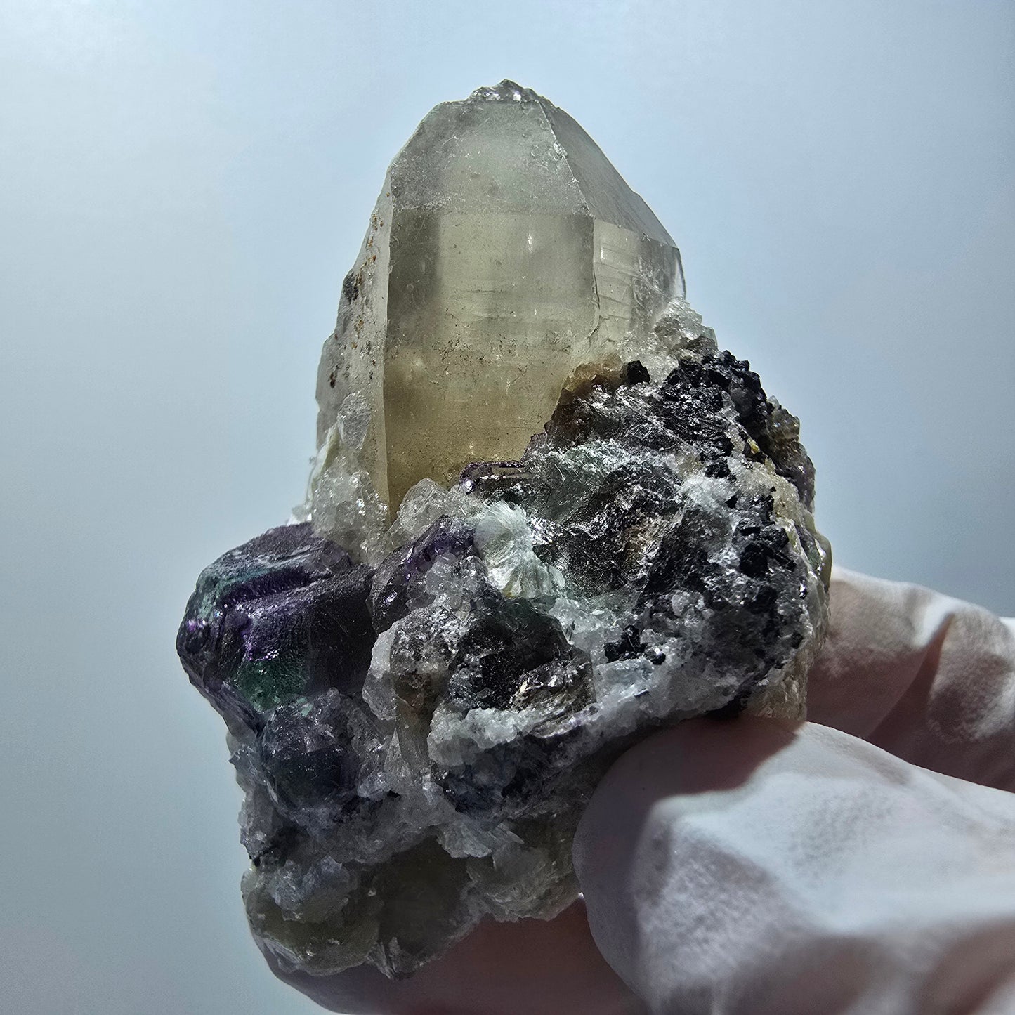 Rauchquarz, Phantom Fluorit, Hyalit, Schörl Turmalin, Muskovit Erongo, Namibia 60*45*38mm #13376