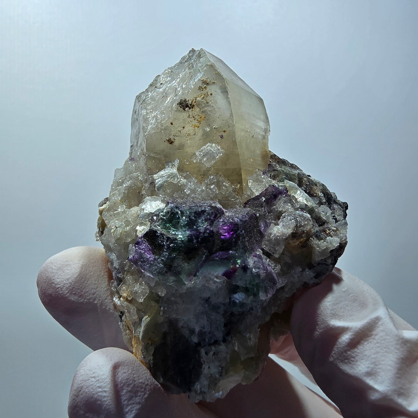 Rauchquarz, Phantom Fluorit, Hyalit, Schörl Turmalin, Muskovit Erongo, Namibia 60*45*38mm #13376