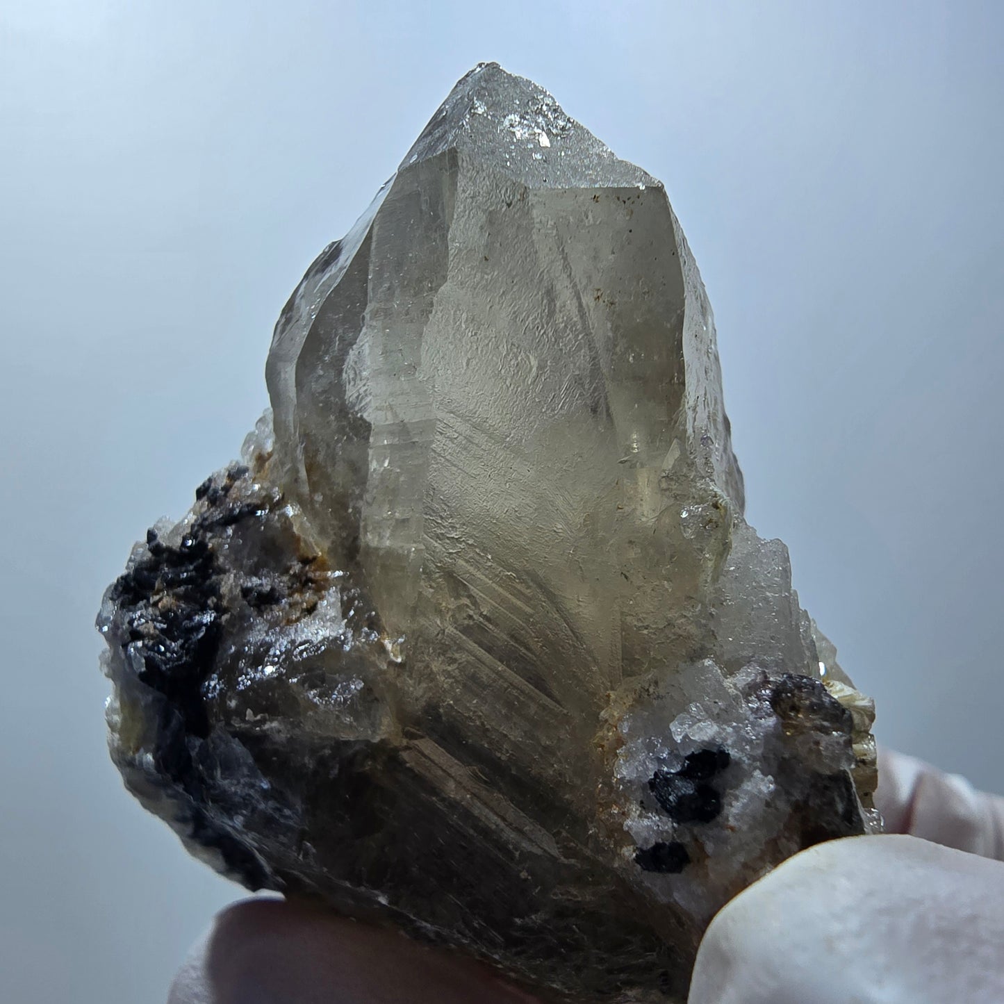 Rauchquarz, Phantom Fluorit, Hyalit, Schörl Turmalin, Muskovit Erongo, Namibia 60*45*38mm #13376