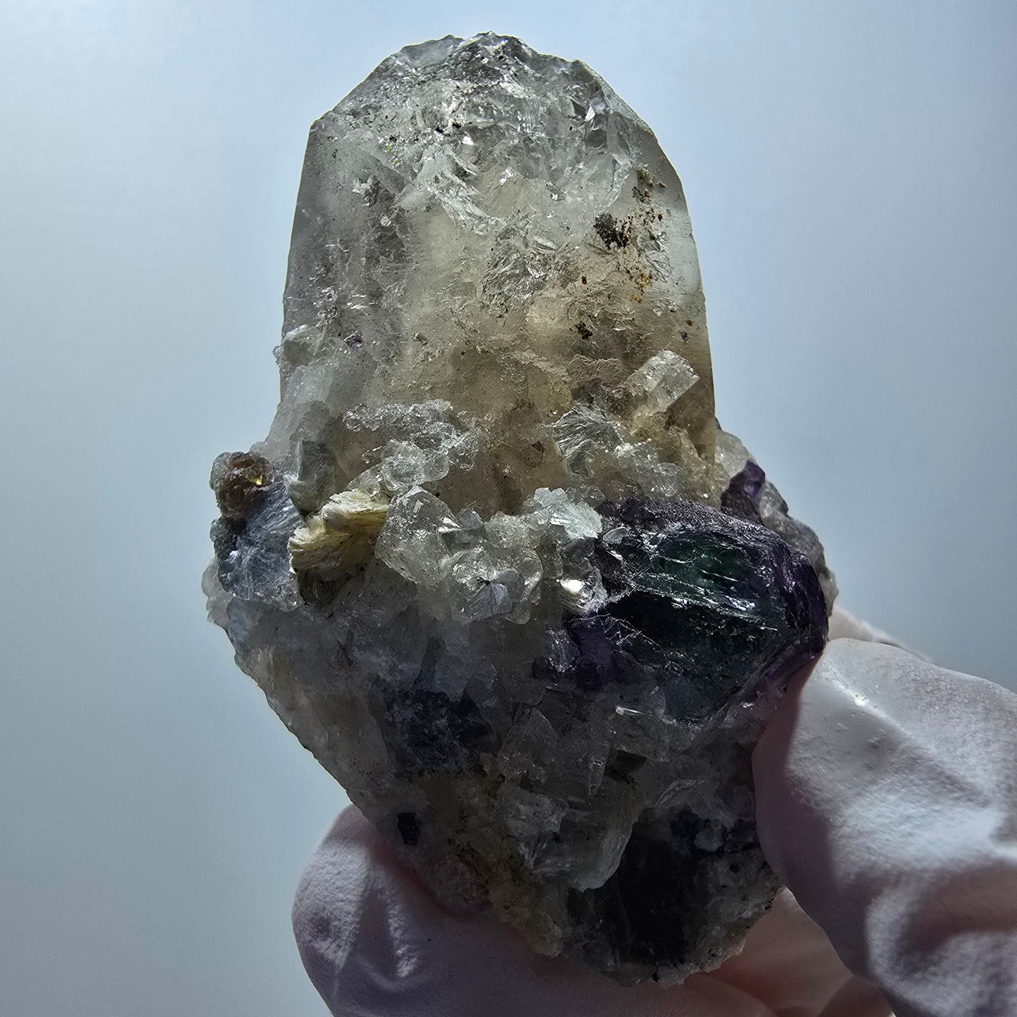 Rauchquarz, Phantom Fluorit, Hyalit, Schörl Turmalin, Muskovit Erongo, Namibia 60*45*38mm #13376